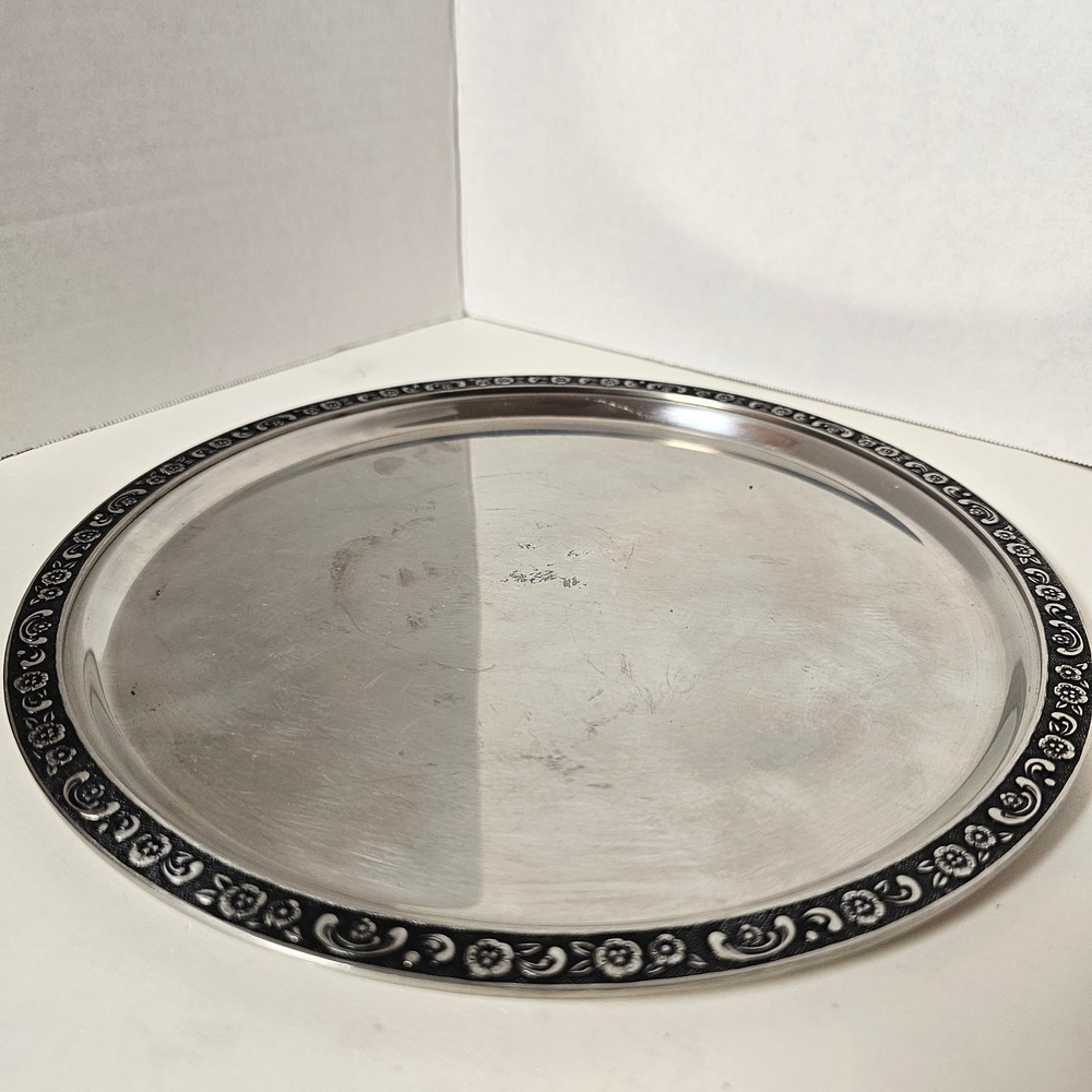 Oneida Custom 18/8 Stainless Steel Round Serving Tray Floral Scroll Border 10"